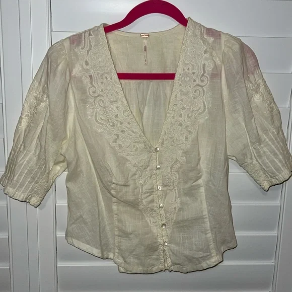 Free People Laurie Embroidered Blouse BEIGE SIZE SMALL - Picture 3 of 5